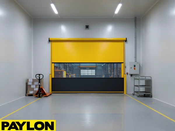 Roll-up vinyl door installed between warehouse aisles allowing forklift traffic and clear visibility