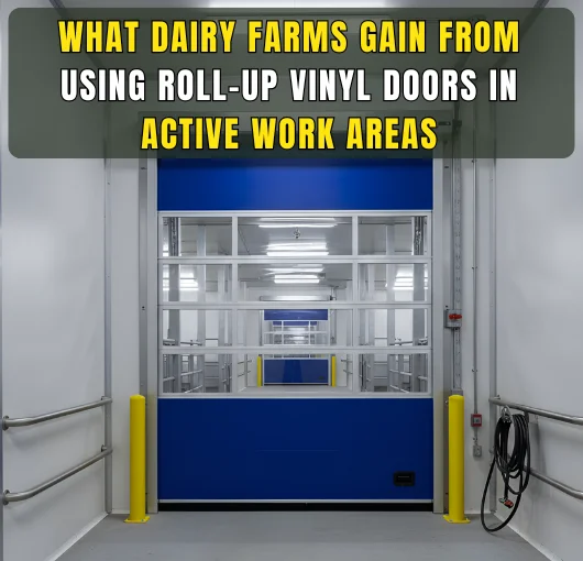 Roll-up vinyl door installed in an active dairy farm work area designed for steady movement and separation