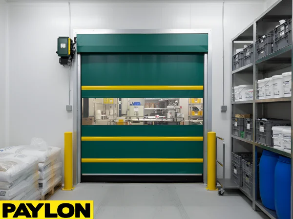 Roll-up vinyl door separating dairy farm supply storage from adjacent active work zones