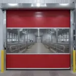 Roll-up vinyl door supporting controlled movement inside an active dairy barn work corridor