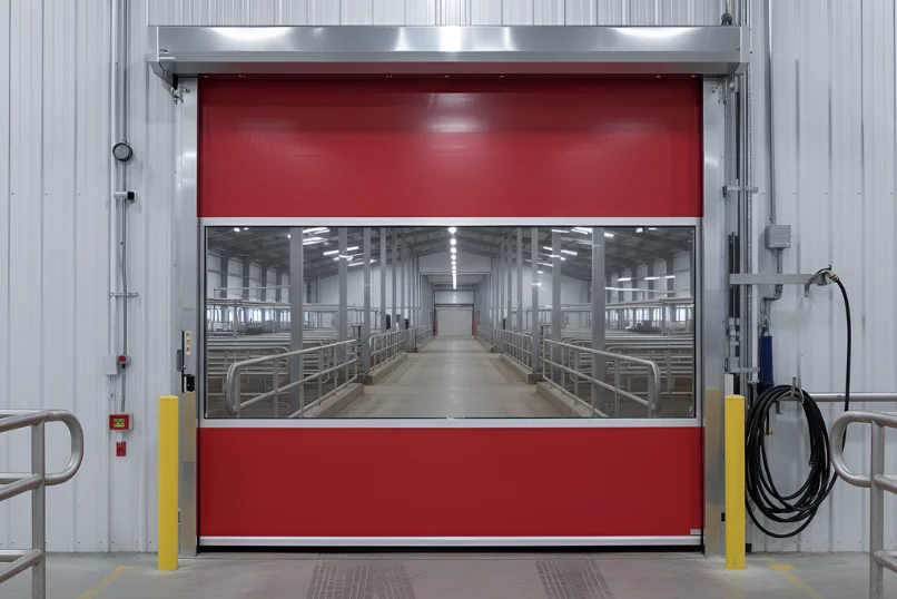 Roll-up vinyl door supporting controlled movement inside an active dairy barn work corridor