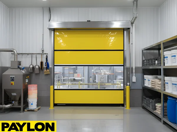 Roll-up vinyl door used in a dairy farm preparation area where access and cleanliness must work together