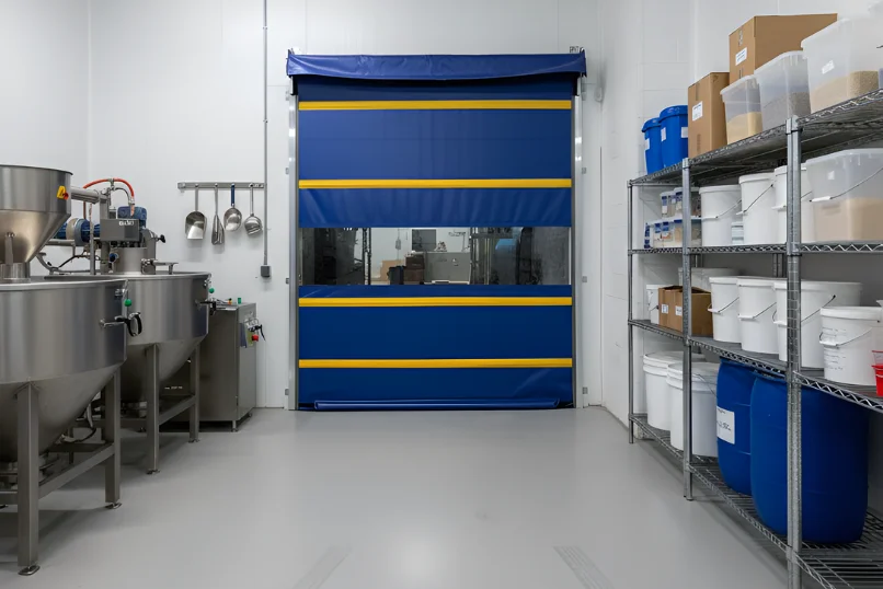 Roll-up vinyl door used in a dairy farm washdown and equipment handling area with frequent access