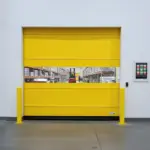 Roll-up vinyl door used in a distribution center sorting area to support continuous package movement