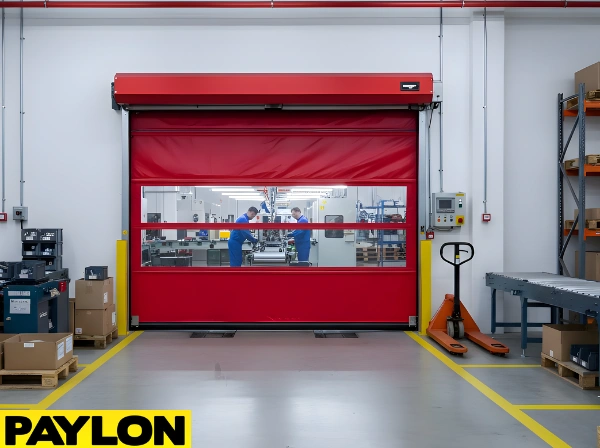 Roll-up vinyl door used in a warehouse aisle to manage pallet flow and maintain clear travel paths