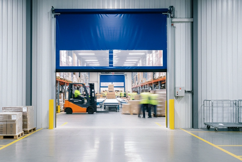Roll-up vinyl door installed between warehouse aisles allowing forklift traffic and clear visibility