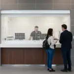 Service counter with a roll-up counter door allowing controlled access between staff and customers