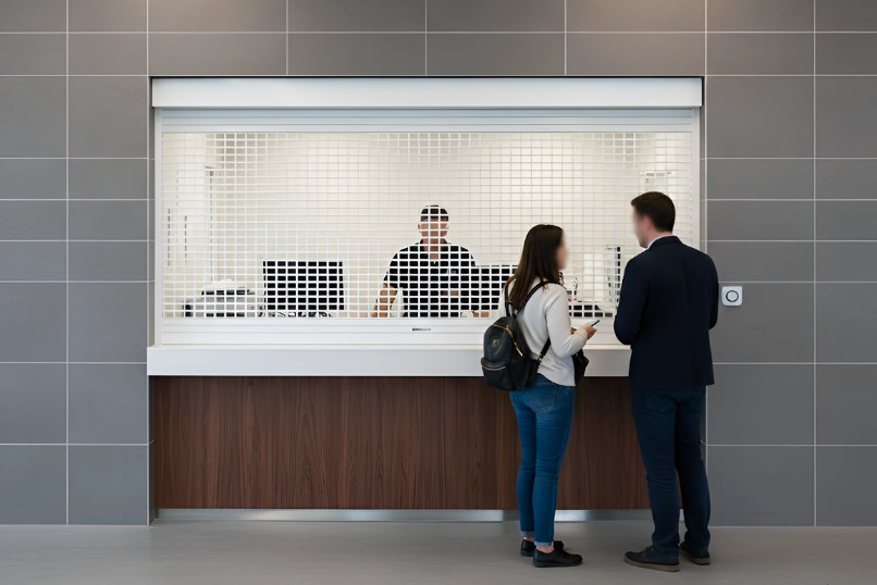 Service counter with a roll-up counter door allowing controlled access between staff and customers