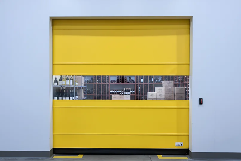 View of a bright yellow vinyl roll-up door installed in a winery storage area with visible wine bottles and boxes through a clear panel.
