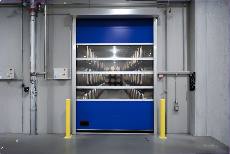 Vinyl roll-up door with clear panels providing access to oak barrel storage while maintaining temperature and humidity control.