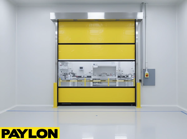 Yellow roll up door installed at clean room material transfer opening