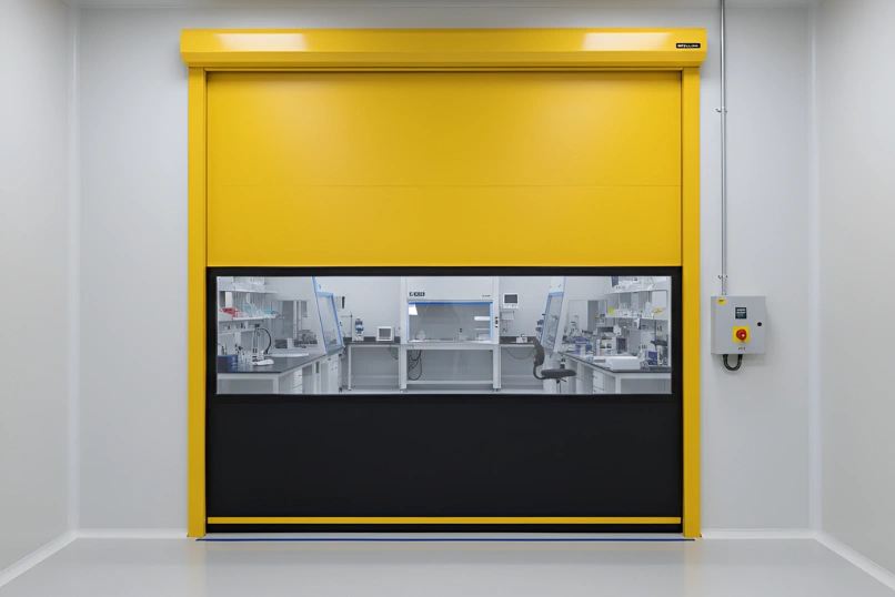 Yellow roll up door installed between laboratory clean room spaces
