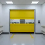 Yellow roll-up vinyl door in a healthcare transition corridor, designed to support steady staff and equipment movement.