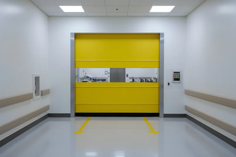Yellow roll-up vinyl door in a healthcare transition corridor, designed to support steady staff and equipment movement.