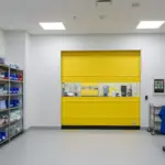 Yellow roll-up vinyl door separating a medical supply room from adjacent work areas