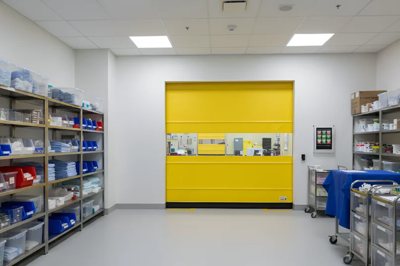 Yellow roll-up vinyl door separating a medical supply room from adjacent work areas