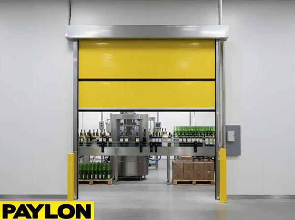 Yellow vinyl roll-up door installed over a winery bottling area, allowing safe movement of bottles and machinery.