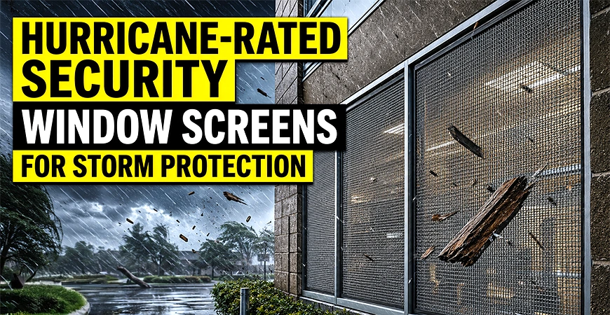 Hurricane rated security window screen installed over a commercial window for storm and impact protection.