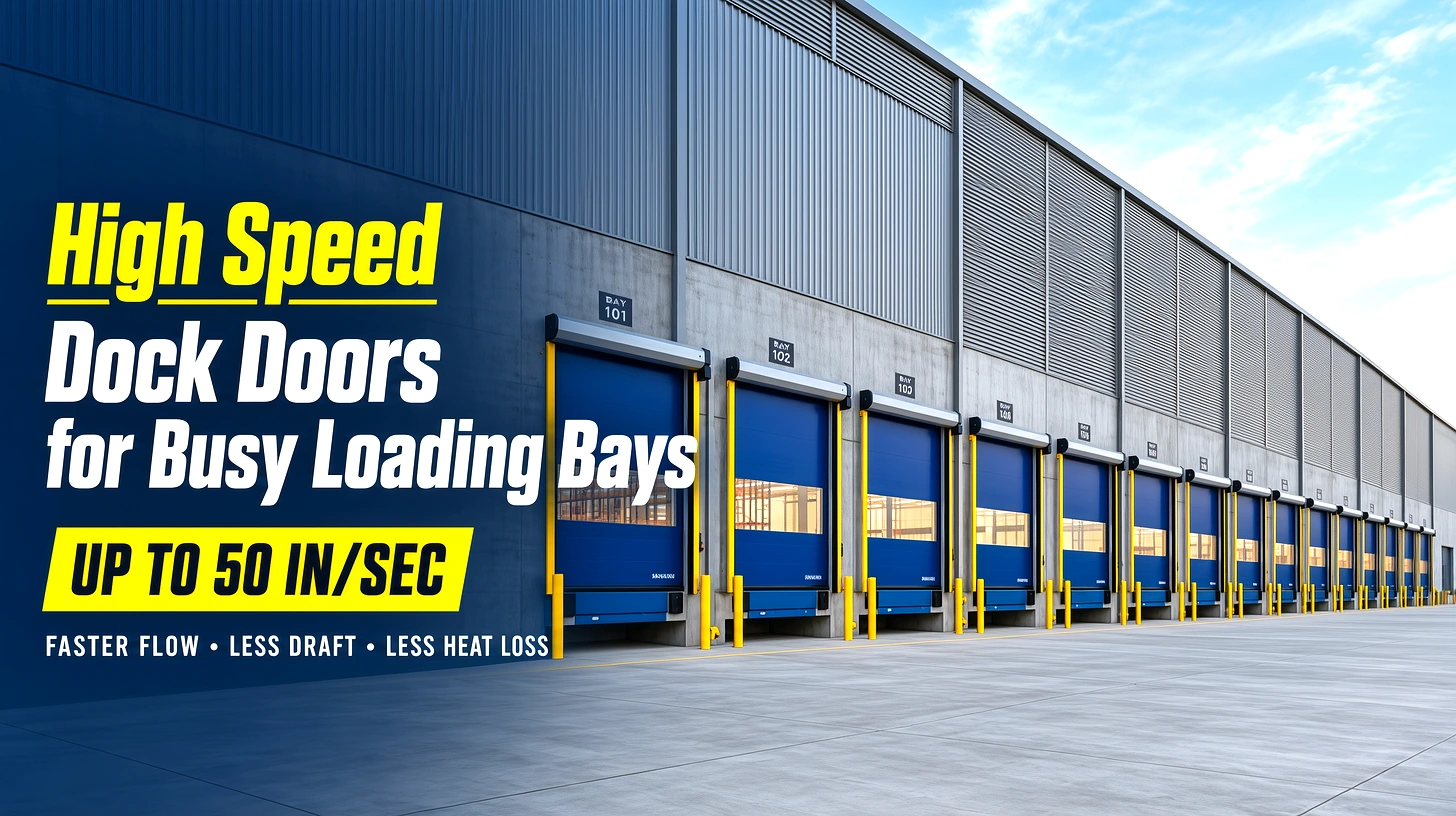 High speed roll-up door installed at an industrial loading bay dock for fast vehicle access and climate control.
