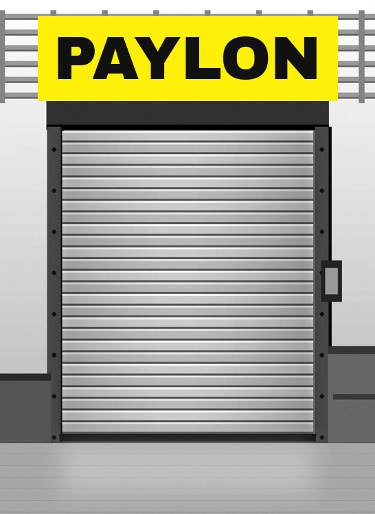 Paylon Archivo industrial roll up door installed at a commercial or warehouse facility entrance.