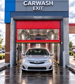 High speed roll up door installed at a commercial car wash facility entrance, built to handle frequent wet-environment cycling.