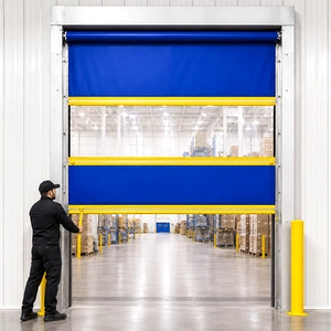 A manual pull-down industrial door installed in a commercial or warehouse facility, suitable for interior or exterior openings.
