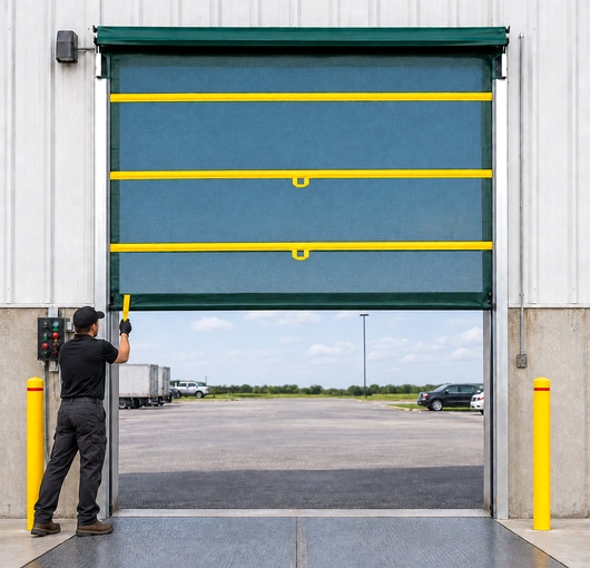 A manual pull roll-up bug door suitable for commercial or industrial doorway pest control applications.