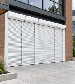 Roll-up security doors and windows installed on a commercial storefront facade, providing access control and overnight protection.