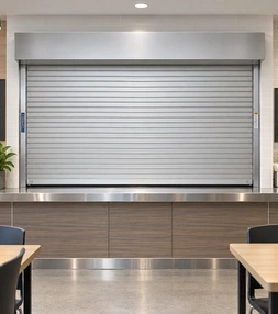 Roll-up security door installed at a service counter to protect the opening when the counter is closed.
