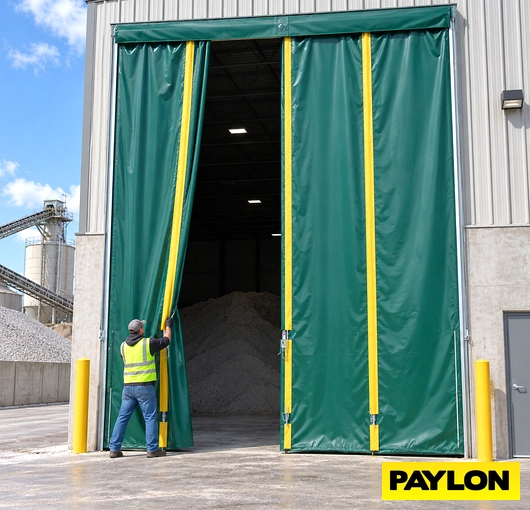 Curtain style roll-up door installed at a salt storage facility entrance, providing flexible access and containment.