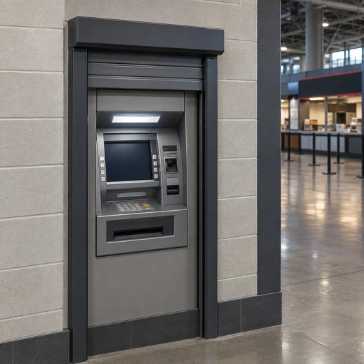 Illustration of a charcoal ATM security shutter in an arena concourse.