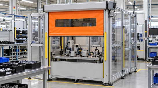 Roll-up machine guarding door at an automated assembly station with clear side panels.