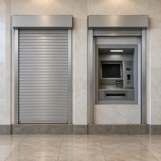 Illustration of two bank vestibule ATM shutters, one closed and one open.