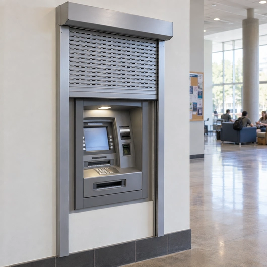 Illustration of a punched aluminum ATM shutter in a campus student center.