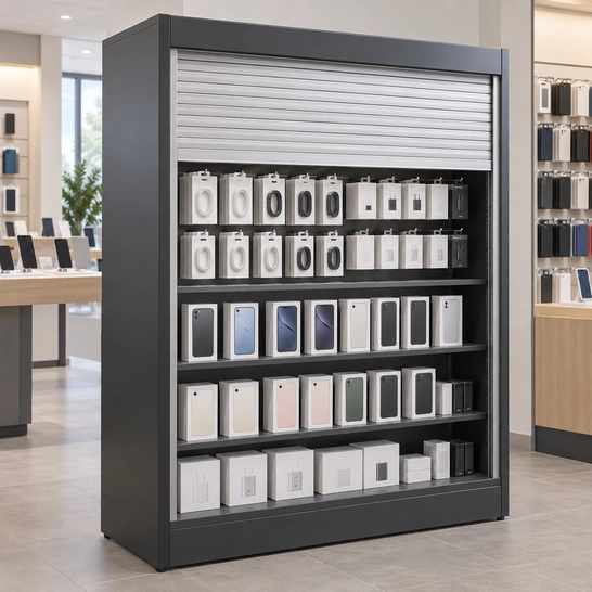 Illustration of a roll-down security cabinet with boxed phones and hanging accessories