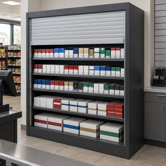 Illustration of a roll-down cigarette cabinet behind a convenience-store checkout