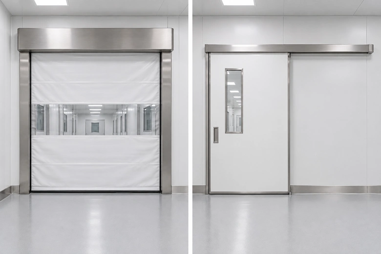 Multiple cleanroom door configurations shown together, representing different styles suited for controlled-environment facilities.