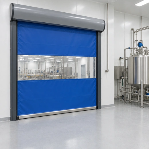 Illustration of a blue composite-frame fabric door beside clean process equipment.