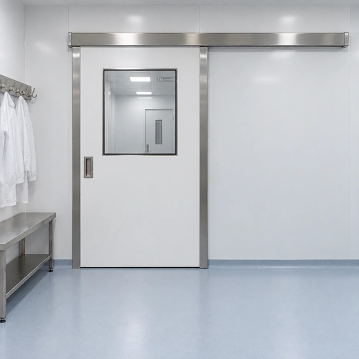 Illustration of a manual fiberglass sliding door beside a clean gowning area.