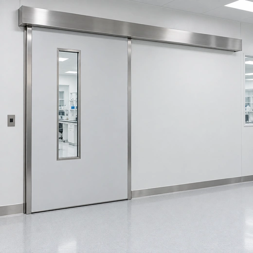 Illustration of a powered fiberglass sliding door in a laboratory corridor.