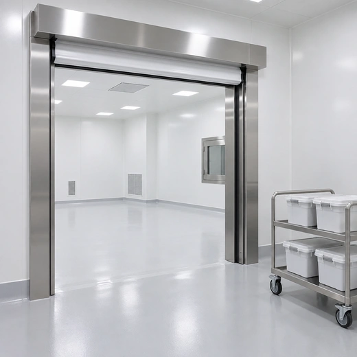 Illustration of an open stainless-frame fabric door beside a clean material cart.