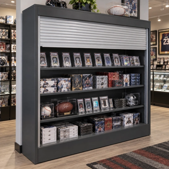 Illustration of trading cards and memorabilia in a roll-down security case