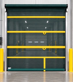 Commercial roll-up bug screen door installed at a large facility entrance to block insects while allowing ventilation and access.