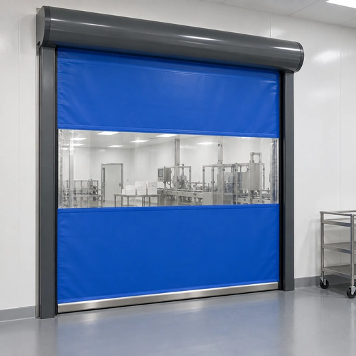 Illustration of a blue composite-frame roll-up door with a full-width vision panel.