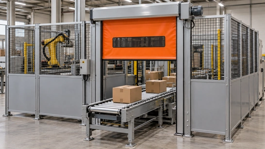 Machine safety roll-up door over a conveyor transfer opening in an enclosed work cell.