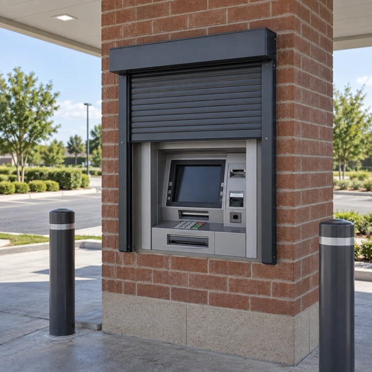 Illustration of a charcoal roll-up security shutter above a drive-up ATM in a brick pier.