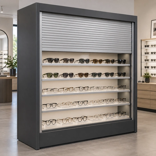 Illustration of a roll-down security cabinet displaying sunglasses and spectacle frames