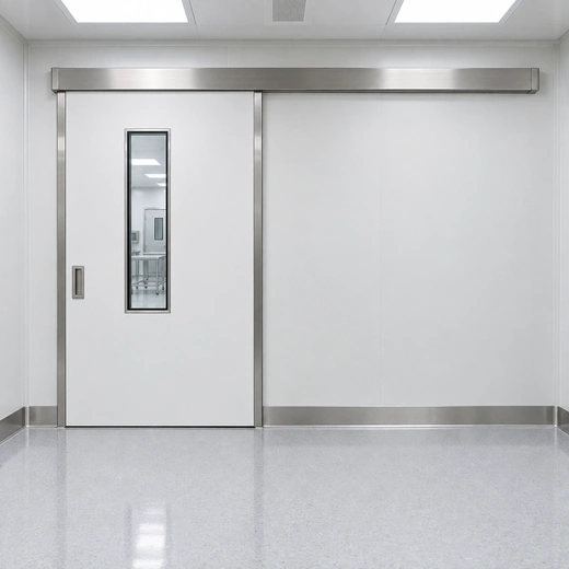 Illustration of a white fiberglass sliding door with a recessed pull and flush window.