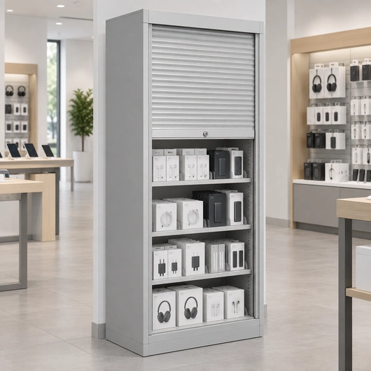 Illustration of a freestanding merchandise security case with a roll-down shutter