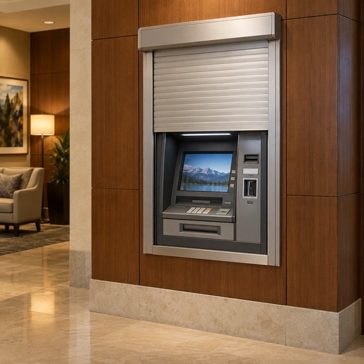 Illustration of a silver ATM shutter in a wood-paneled hotel lobby wall.
